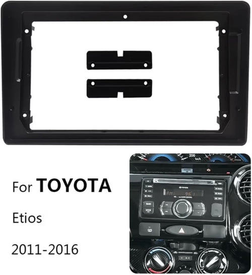 Android frame for Etios and Liva cars by Sahiba Car, 9-inch touchscreen dashboard replacement with sleek black design.