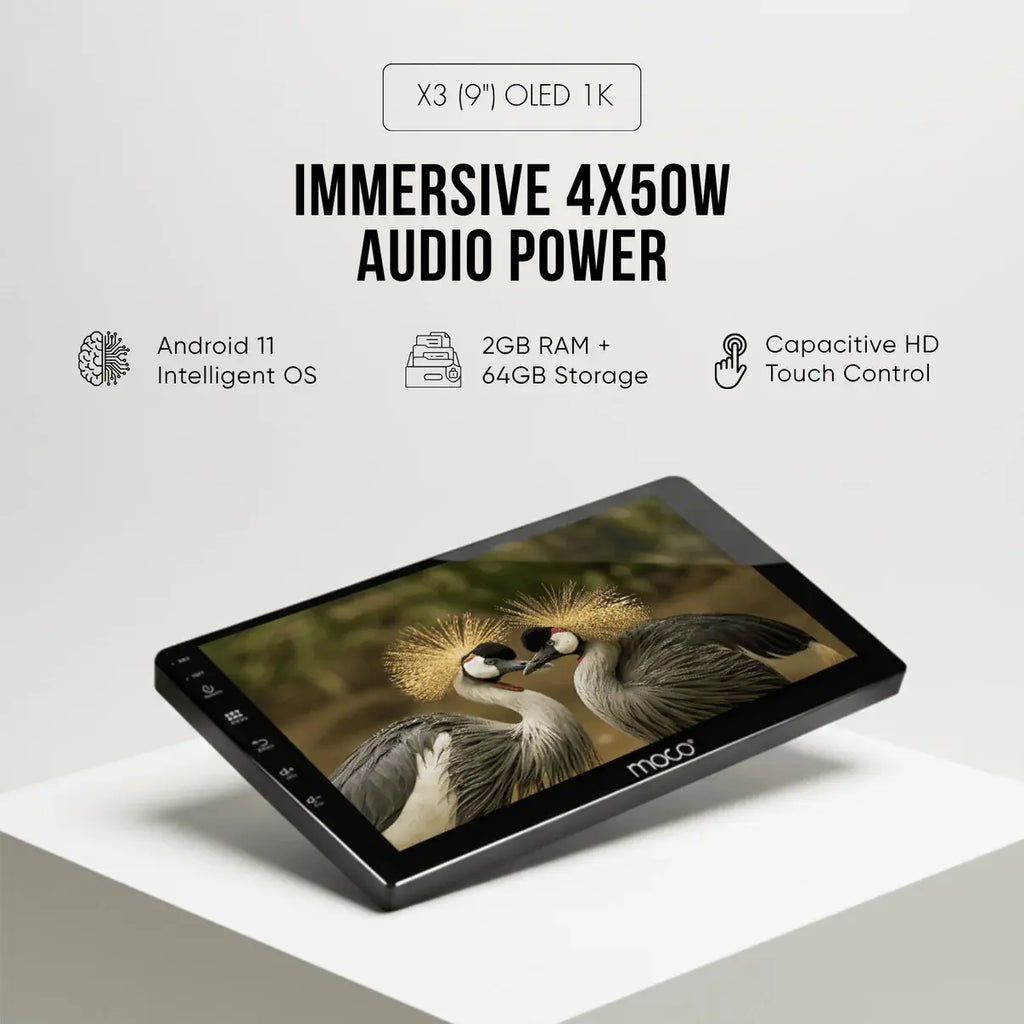 MOCO Moco X3 Android stereo with 2GB RAM, 64GB storage, wireless CarPlay and Android Auto interface, shown in the image.