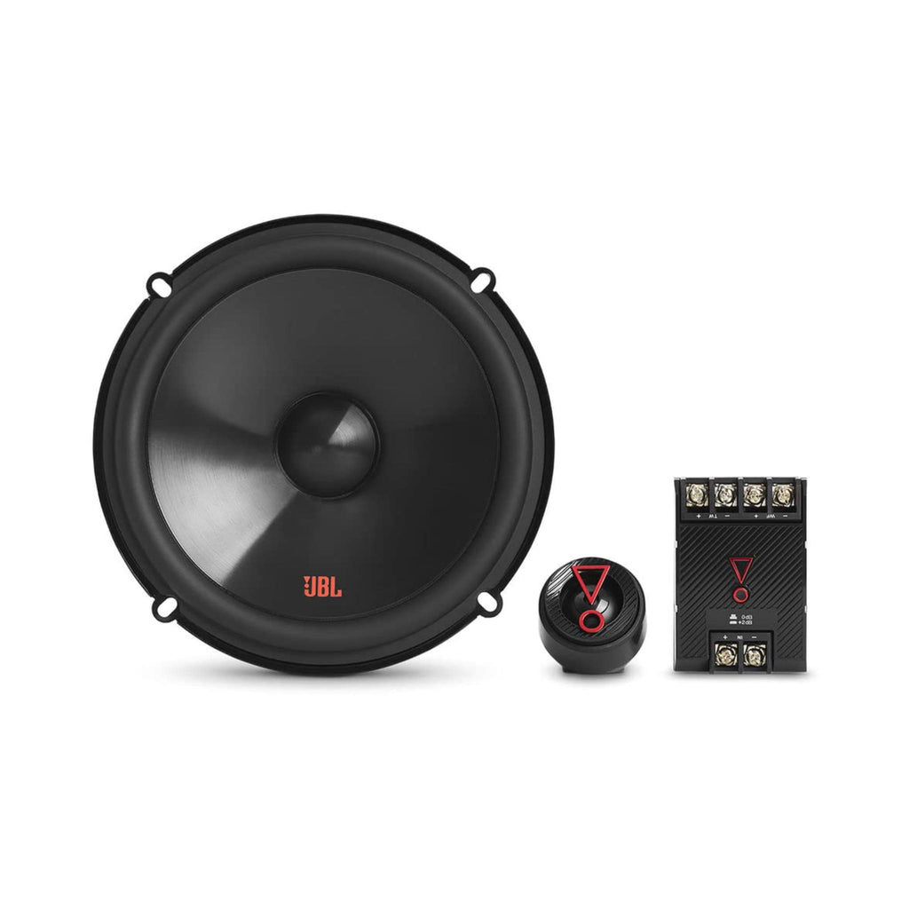 JBL Stage3 607CFHI car component speakers with 500W peak power and 50W RMS, showing high-quality speaker cones and wiring.