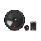 JBL Stage3 607CFHI car component speakers with 500W peak power and 50W RMS, showing high-quality speaker cones and wiring.