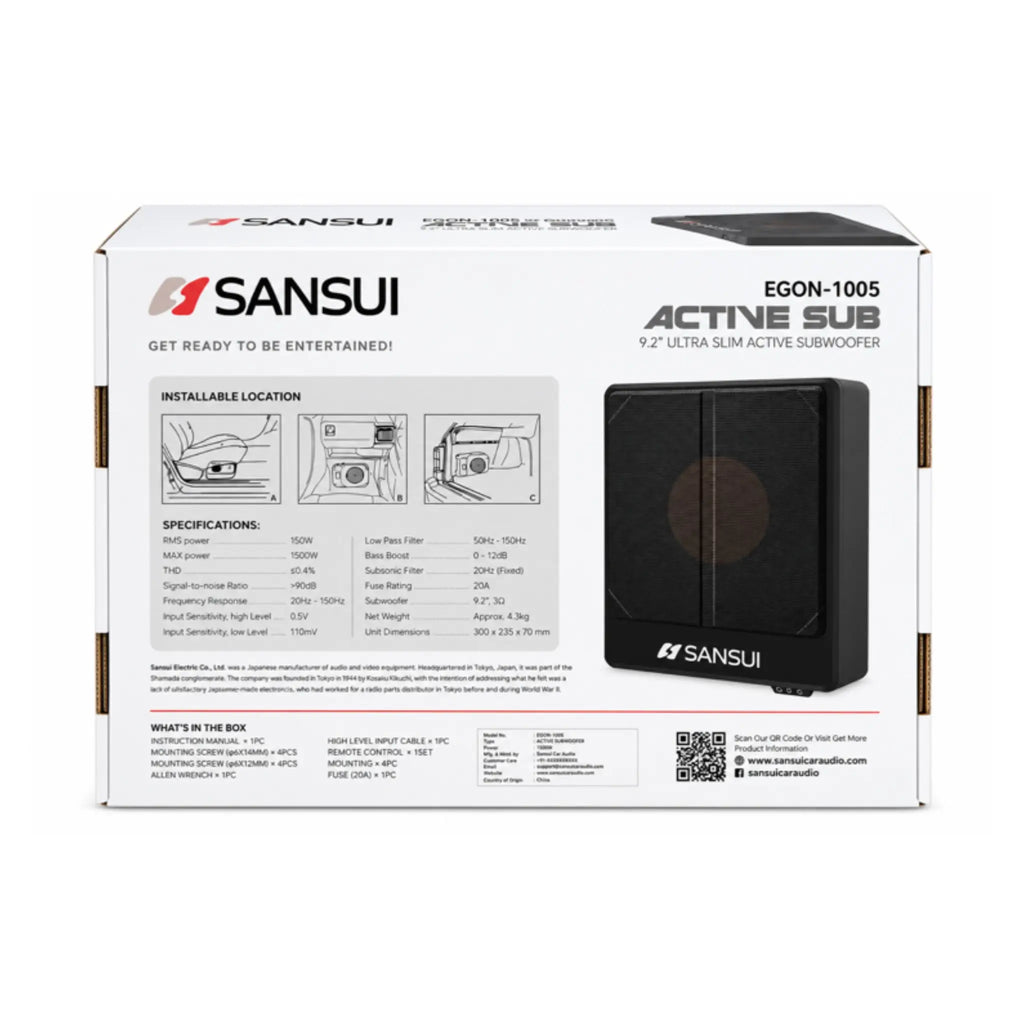 Sansui EGON-1005 car active underseat subwoofer, black ultra-slim on box