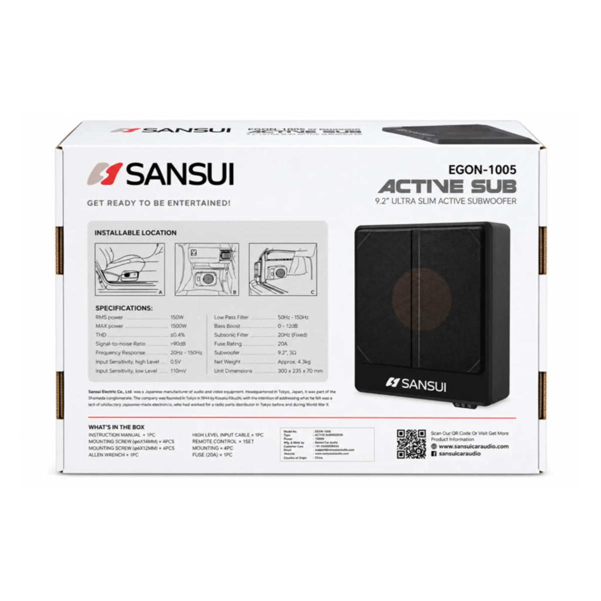 Sansui EGON-1005 car active underseat subwoofer, black ultra-slim on box