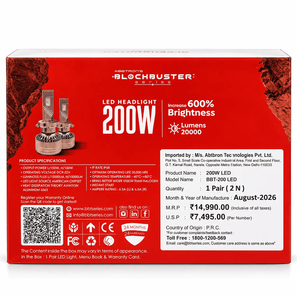 Blockbuster BBT-200 LED headlight bulb package, rear box view