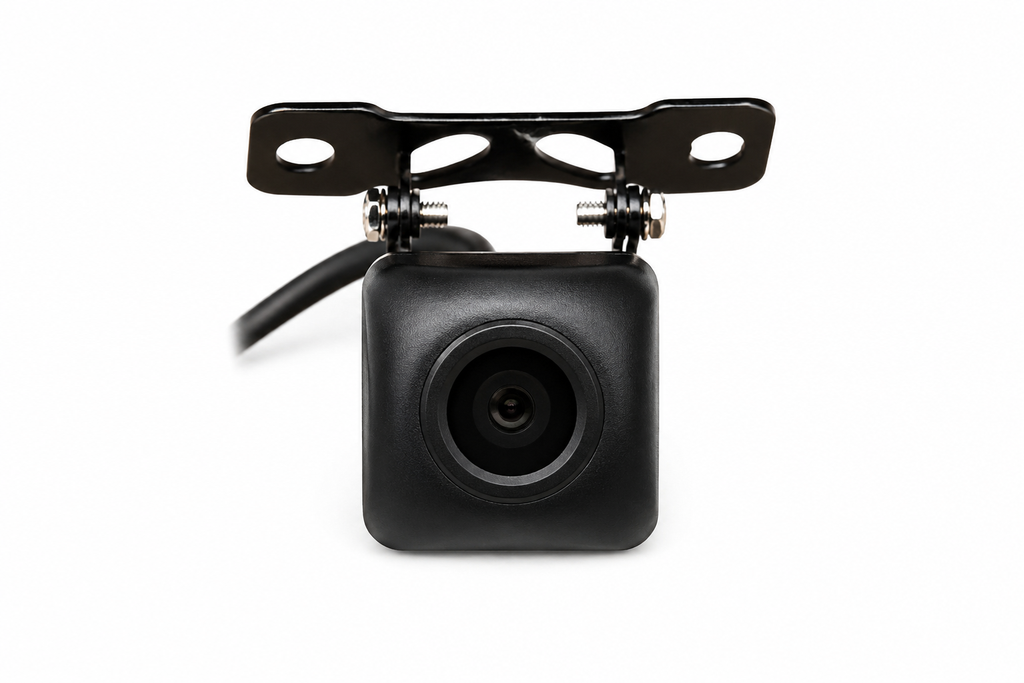 Black dash camera with front mounting bracket and wide-angle lens