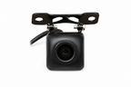 Black dash camera with front mounting bracket and wide-angle lens