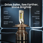 LED headlight bulb with tall aluminum body and copper base, front view.