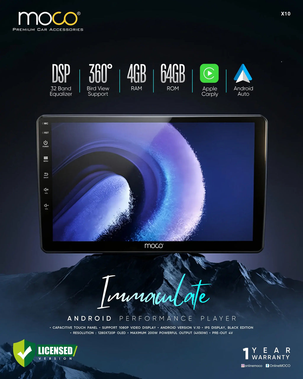 Moco X10 Android stereo with 4GB RAM 64GB Storage & 360 Support