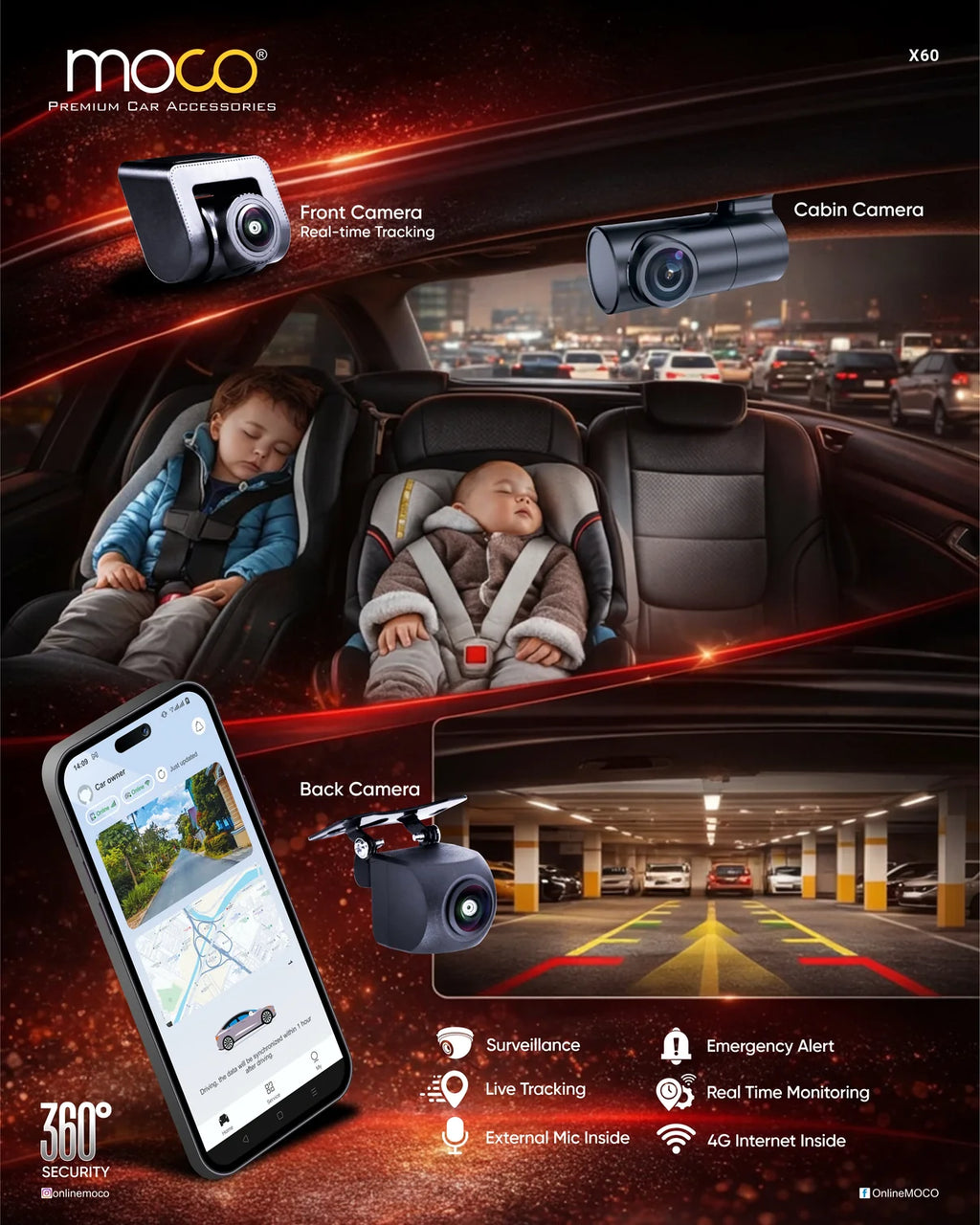 MOCO X60 9 Inch Android Car Stereo 6GB RAM 128GB | 4G Simslot | CarPlay & Android Auto with 3Way Cameras for DVR recording