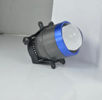 Black LED projector fog lamp with blue ring and front lens, angled view