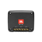 Black car speaker back panel with JBL logo and gold screw terminal block.