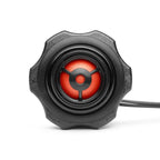 Red-and-black car tweeter with central dome and protective outer grille.