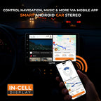 Android car stereo screen with navigation map and smartphone app control