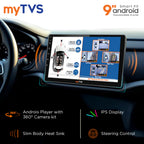Android car stereo head unit with 9 inch touchscreen showing 360° camera views