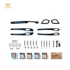 LED ambient light kit contents: black trim bars, brackets, clips, wires and controller