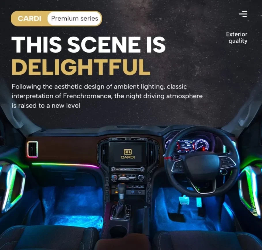 Car interior with blue and green RGB ambient lighting around dashboard and door trim