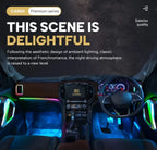 Car interior with blue and green RGB ambient lighting around dashboard and door trim