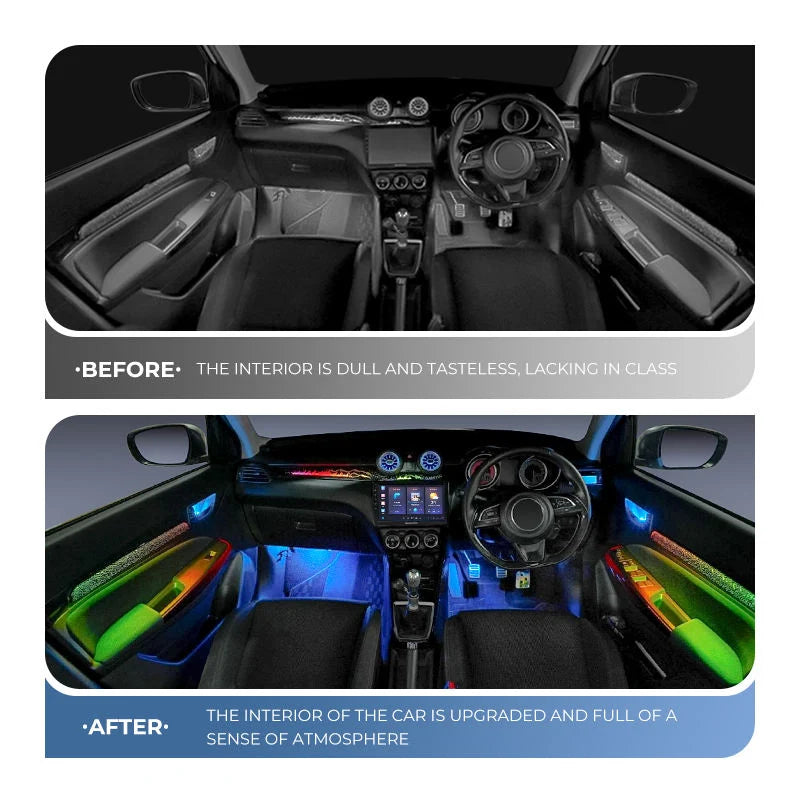 Car interior ambient light kit with before-and-after views and LED glow