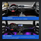 Car RGB ambient light kit, dashboard before-and-after with multicolor LED glow