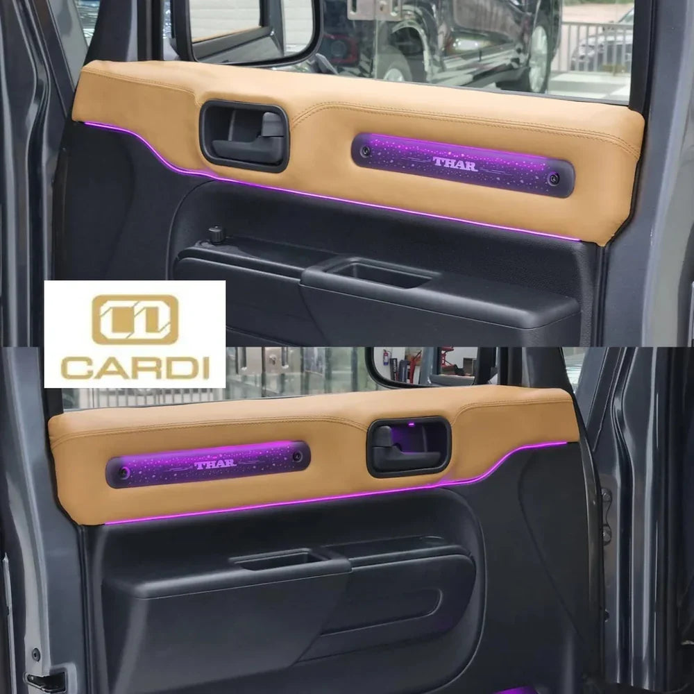 Car RGB ambient light kit, beige door panel with purple LED lighting strips