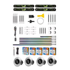 Car RGB ambient light kit components set with LED strips, wires, and speakers