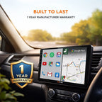In-dash 9-inch car stereo with map display and 1-year warranty badge