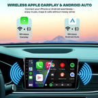 In-dash 9-inch Android car stereo showing wireless CarPlay and Android Auto screen