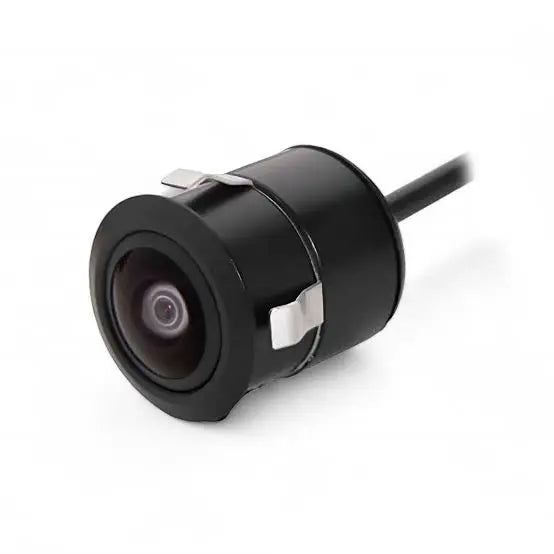Black cylindrical car rearview camera with visible lens