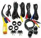 Car 360° surround-view camera wiring kit with four cameras, cables, and mounting rings