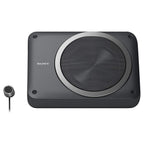 Active under-seat subwoofer with dark grille and circular 8-inch driver