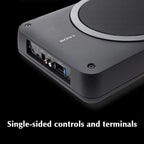 Active under-seat subwoofer rear panel showing controls, ports, and terminals