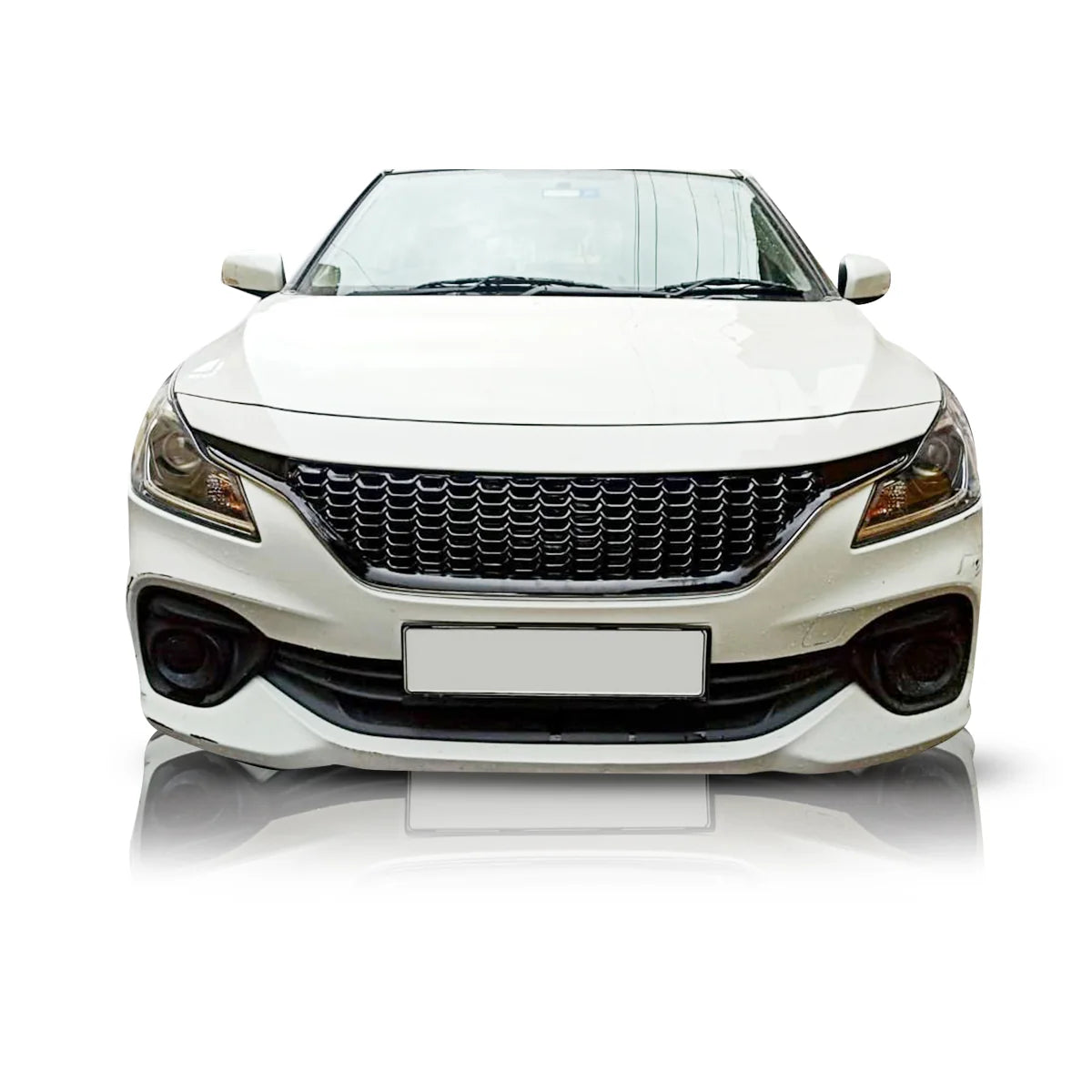 Glossy black ABS Baleno RS front grill close-up showing detailed premium finish and texture
