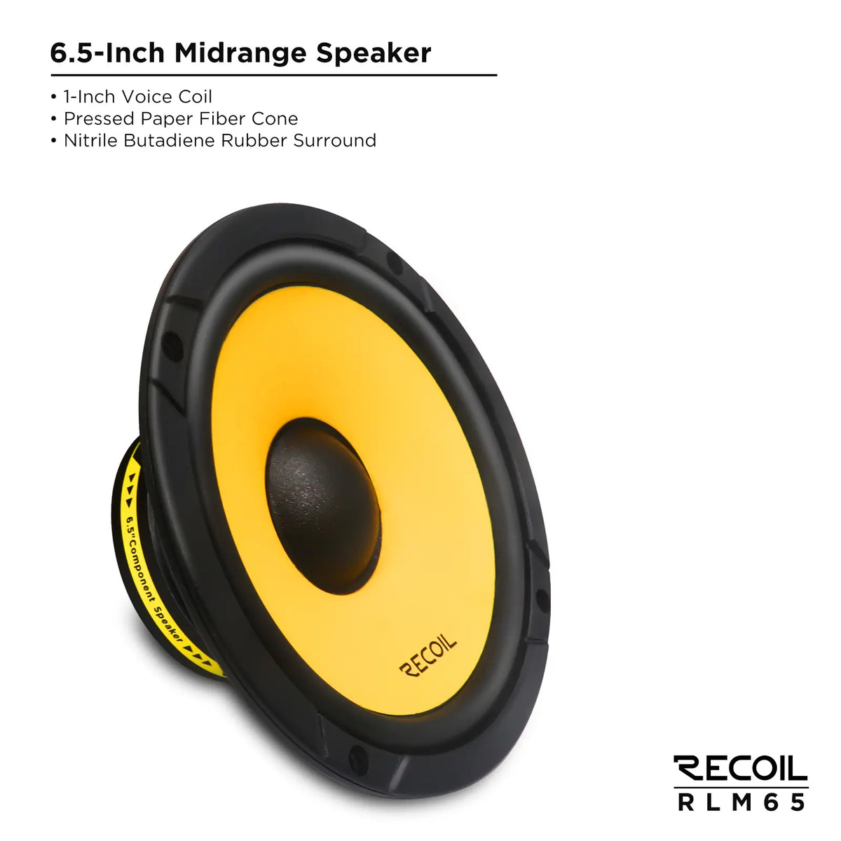 6.5-inch Recoil RLM65 component speaker featuring a yellow pressed-paper cone and black rubber surround.