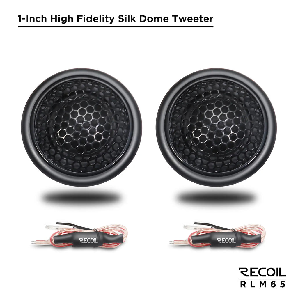 1-inch silk dome tweeters with hexagonal mesh grills, paired with speaker wires visible below.