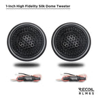 1-inch silk dome tweeters with hexagonal mesh grills, paired with speaker wires visible below.