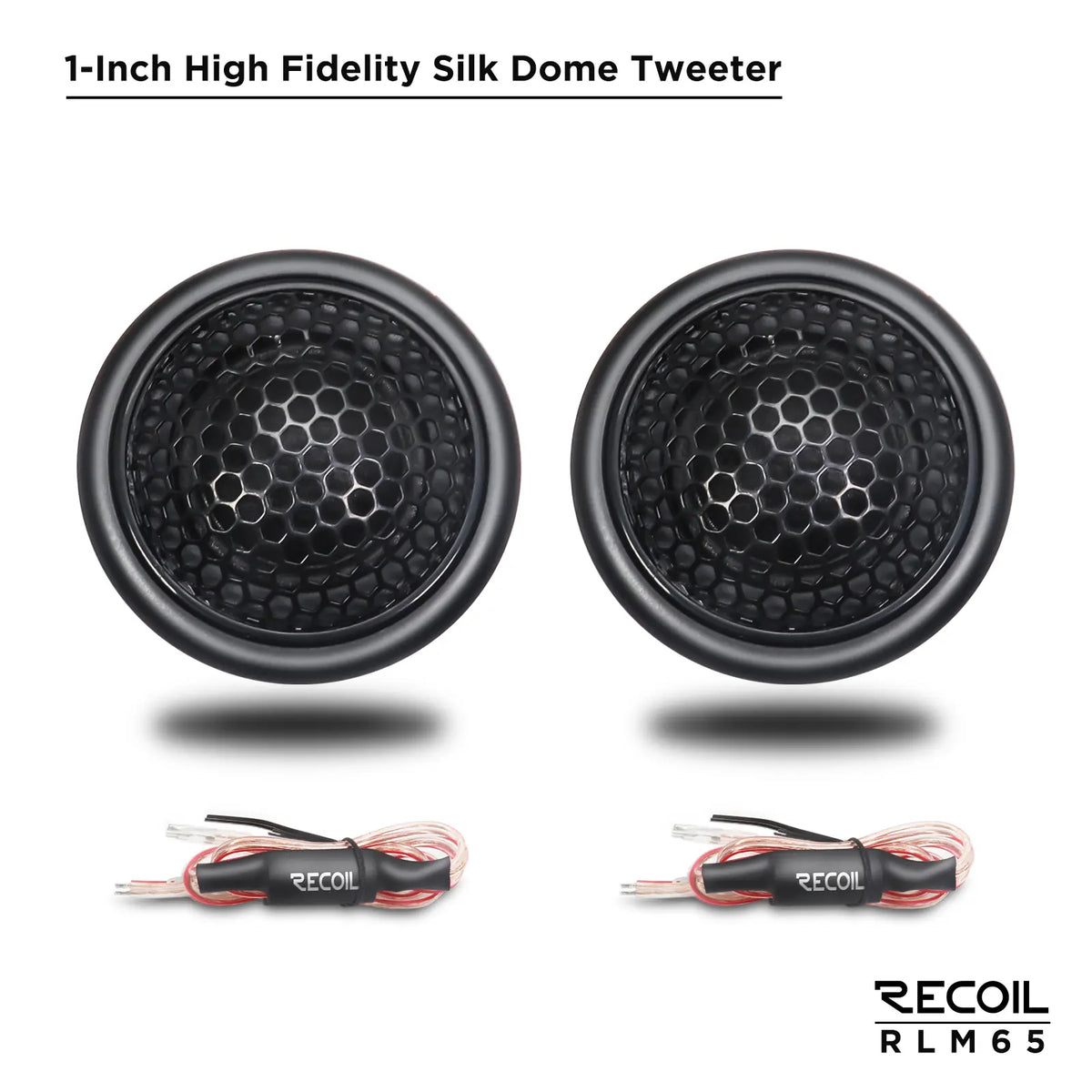 1-inch silk dome tweeters with hexagonal mesh grills, paired with speaker wires visible below.