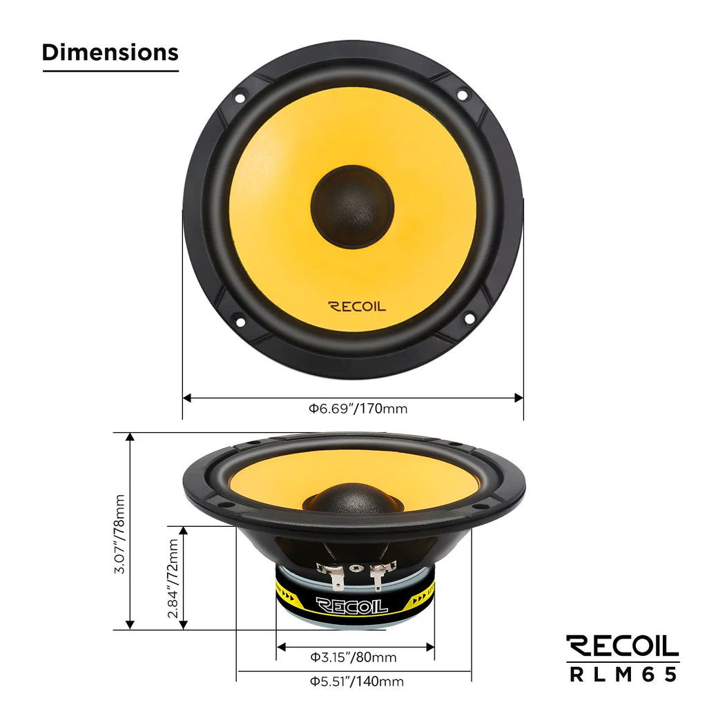 6.5-inch Recoil RLM65 component speaker features a yellow pressed-paper cone and a black rubber surround for enhanced sound.