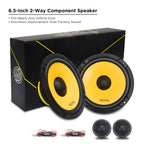 6.5-inch Recoil RLM65 component speakers with yellow pressed-paper cones and separate silk dome tweeters, packaged with wiring.