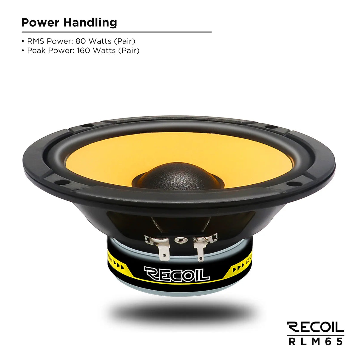 6.5-inch Recoil RLM65 component speaker featuring a yellow pressed-paper woofer cone and black rubber surround.