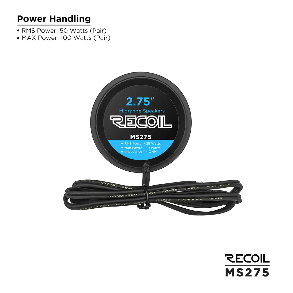 2.75-inch speaker with black wiring harness and power rating label