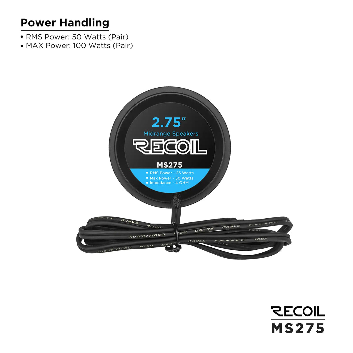 2.75-inch speaker with black wiring harness and power rating label