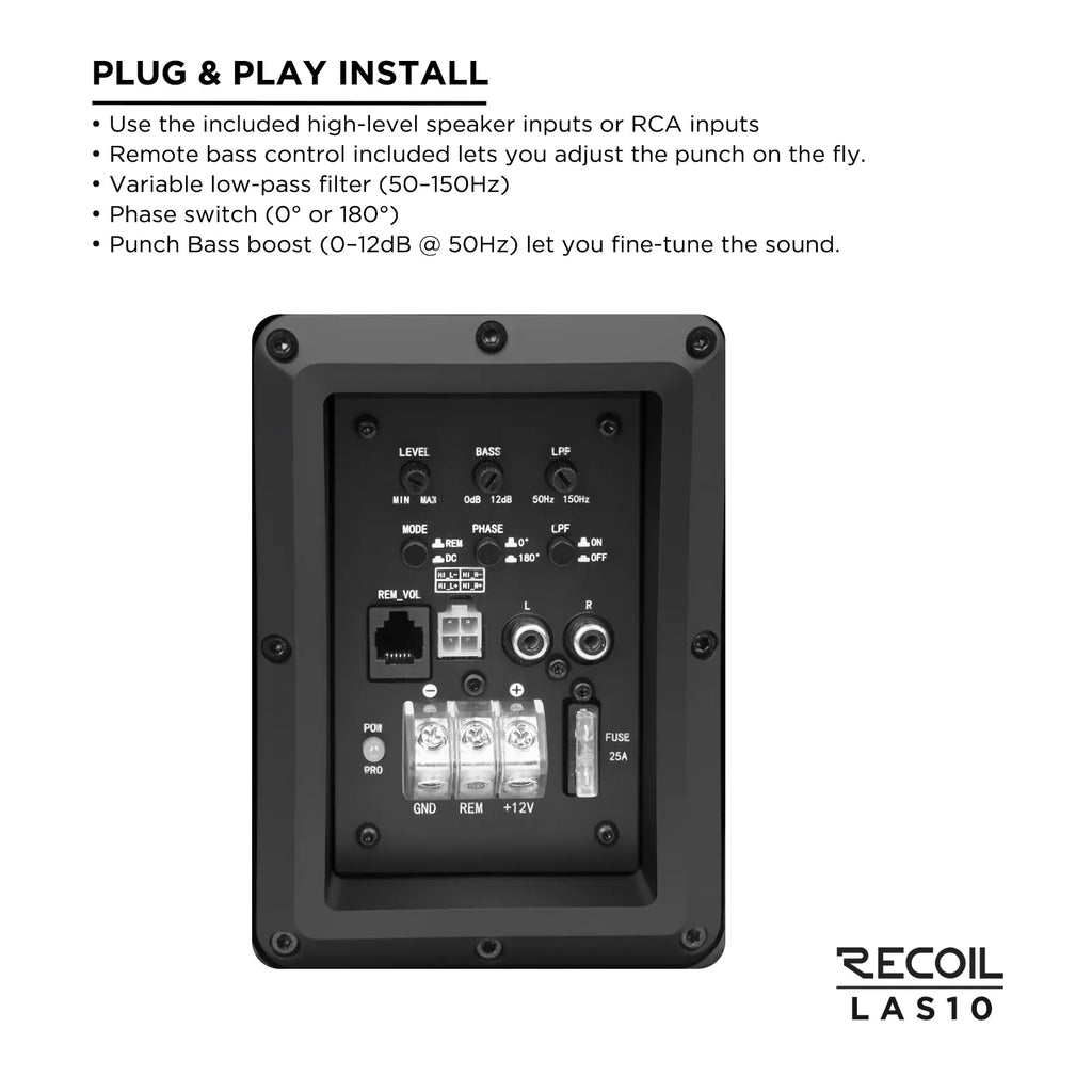 Rear view of the Recoil LAS10 subwoofer, featuring input/output connections and adjustable controls in a sleek black enclosure.