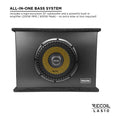 10-inch Recoil LAS10 subwoofer with black enclosure, mesh grille, and yellow accent at center, designed for compact installation.