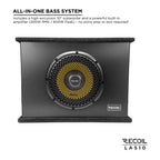 10-inch Recoil LAS10 subwoofer with black enclosure, mesh grille, and yellow accent at center, designed for compact installation.