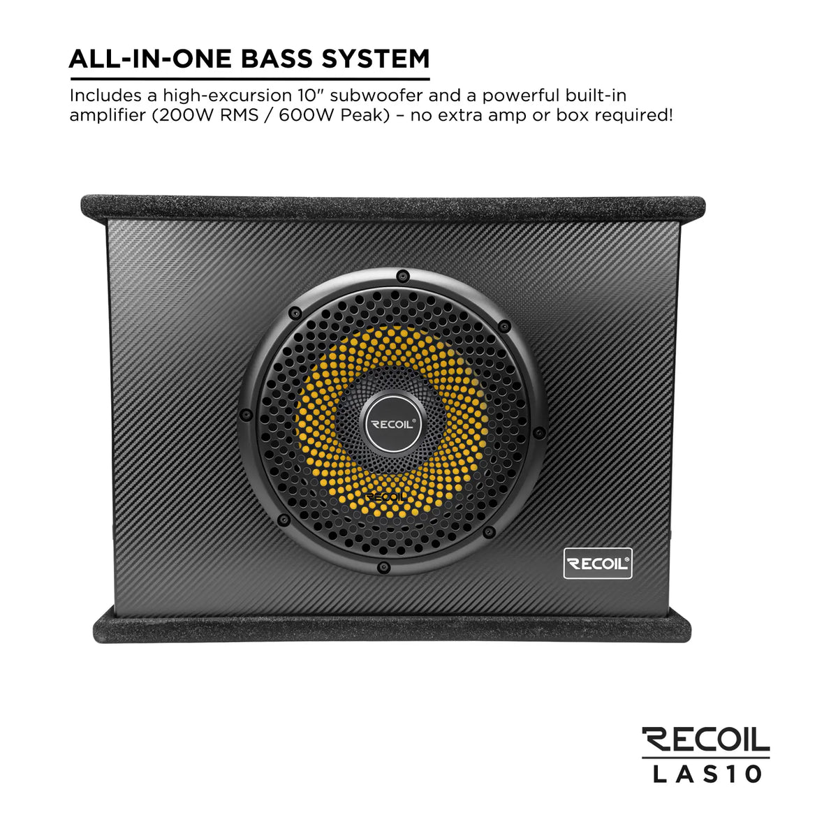 10-inch Recoil LAS10 subwoofer with black enclosure, mesh grille, and yellow accent at center, designed for compact installation.