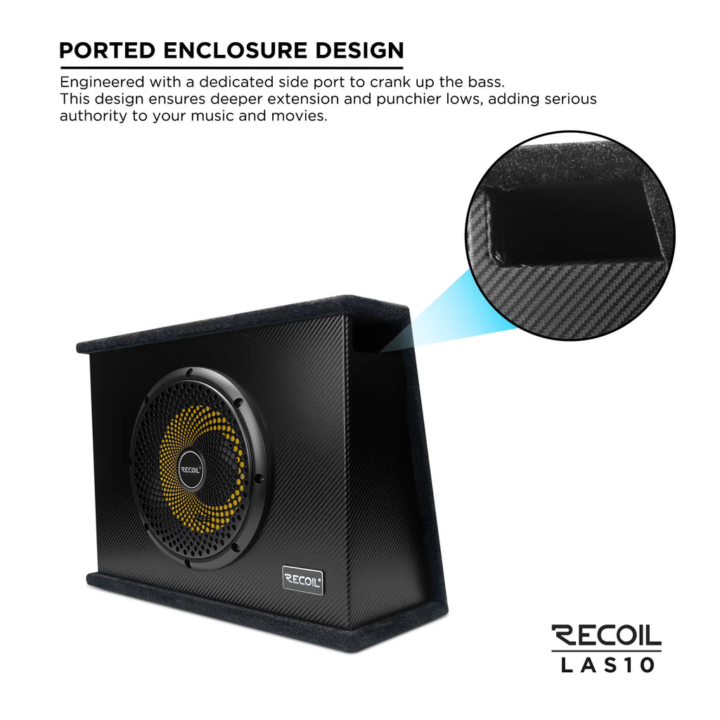 10-inch Recoil LAS10 activated subwoofer with a ported enclosure, featuring a black finish and yellow-speckled woofer.