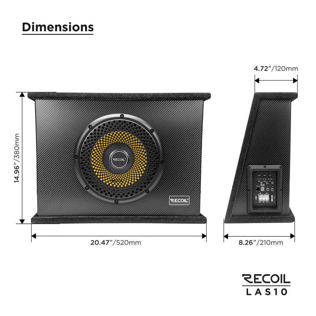 Compact 10-inch subwoofer with a black finish, yellow speaker cone, and built-in controls for bass adjustments.
