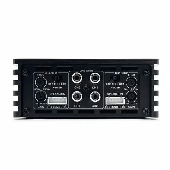 4-channel ZAPCO HB 154D II car amplifier with labeled input connections and adjustable gain settings, featuring a compact black design.