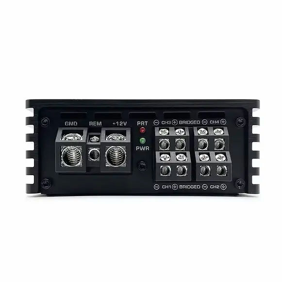 4-channel Class D car amplifier with a black metal casing, featuring input and output terminals for easy installation.