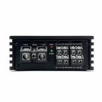 4-channel Class D car amplifier with a black metal casing, featuring input and output terminals for easy installation.
