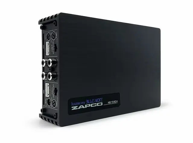 ZAPCO HB 154D II 4-channel car amplifier, compact black design with multiple input connections, showcasing its rear panel.